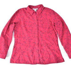 Sag Harbor Microfiber Button Jacket Collar Shirt Blouse Embroidered Hot Pink M